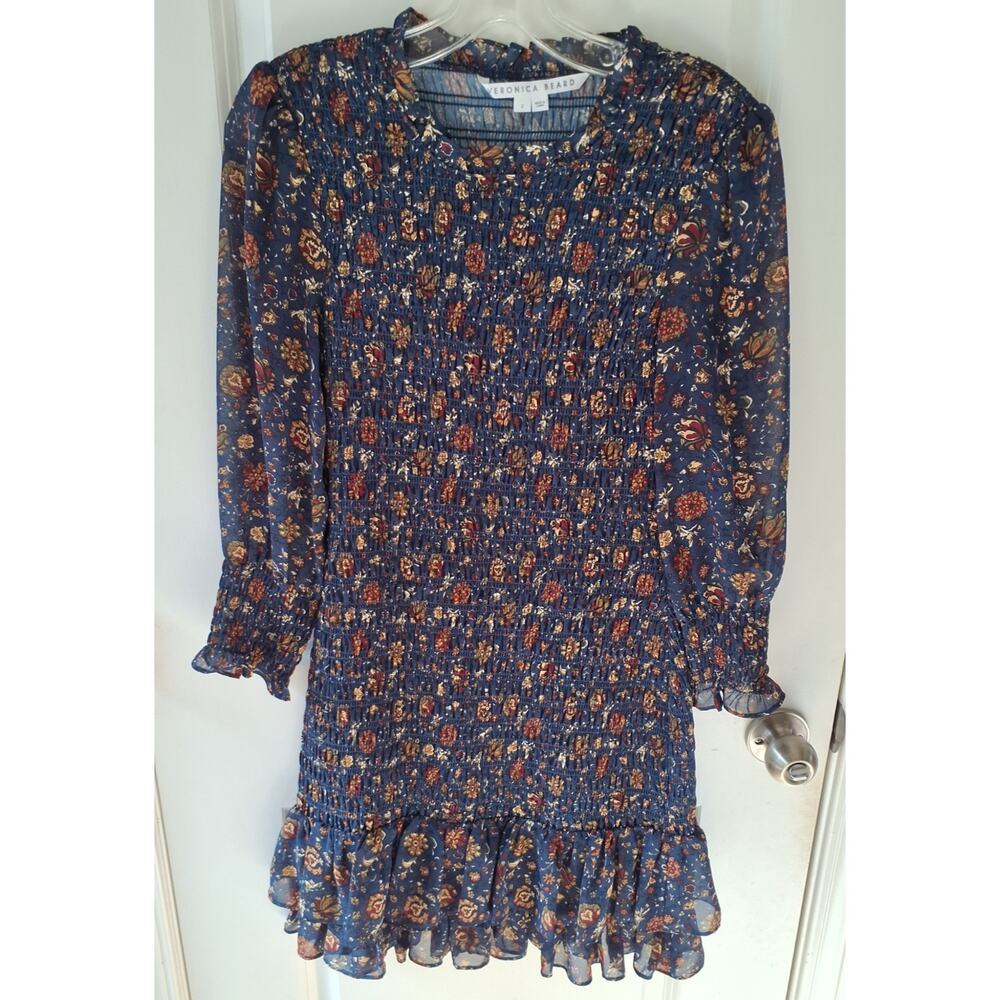 Veronica Beard Dress Size 2 Blue Floral Smocked Mini Ruffle Hem Boho/Romantic - Picture 1 of 5